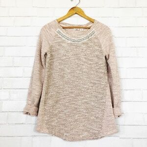 Cato Pink Gray & White Texture Ribbon Jewel Stone Embellished Sweater Top